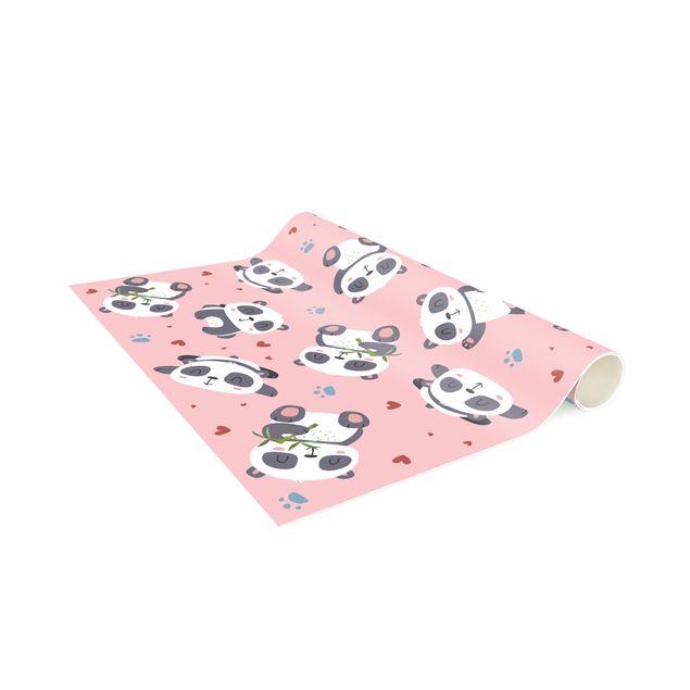 tapijt modern Cute Panda With Paw Prints And Hearts Pastel Pink