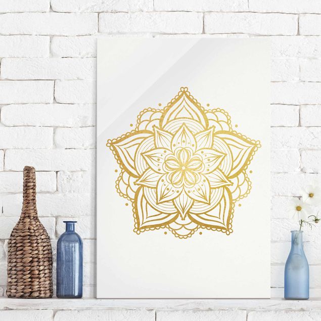 Magnettafel Glas Mandala Flower Illustration White Gold