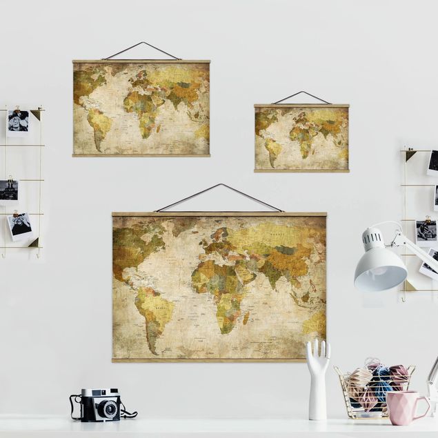 Stoffen schilderij met posterlijst World map