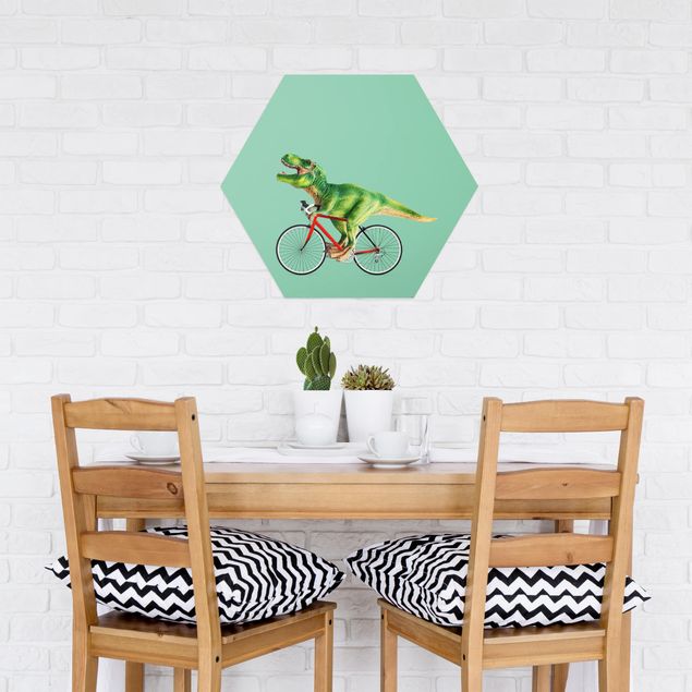 Hexagons Aluminium Dibond schilderijen Dinosaur With Bicycle