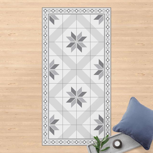 balkon tapijt Geometrical Tiles Rhombic Flower Grey With Narrow Border