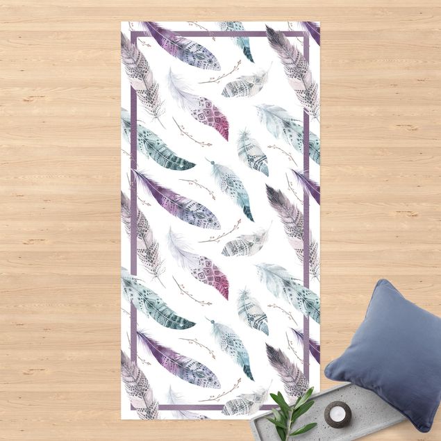 lopers Boho Watercolour Feathers In Aubergine And Petrol Colour With Frame