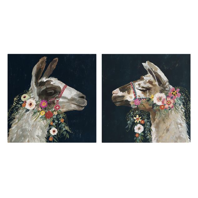Canvas schilderijen - 2-delig  Lama With Floral Decoration Set I
