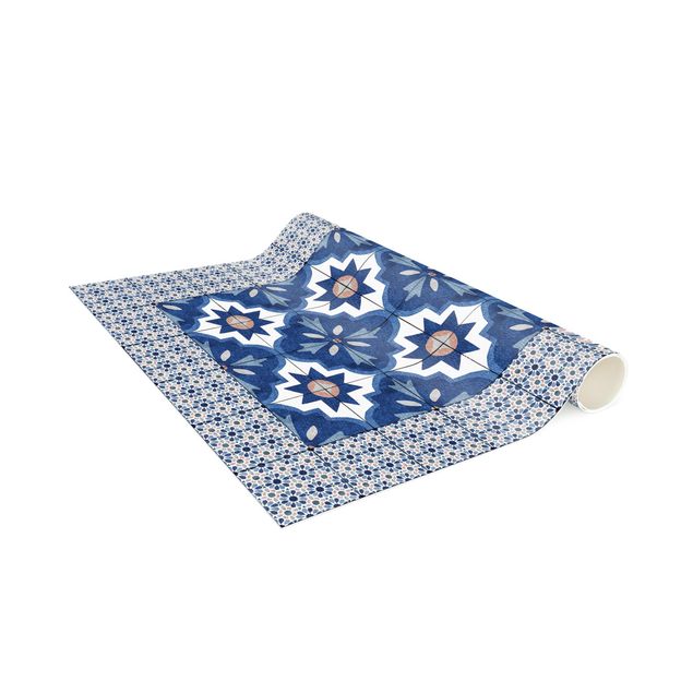 tapijt modern Moroccan Tiles Watercolour Blue With Tile Frame