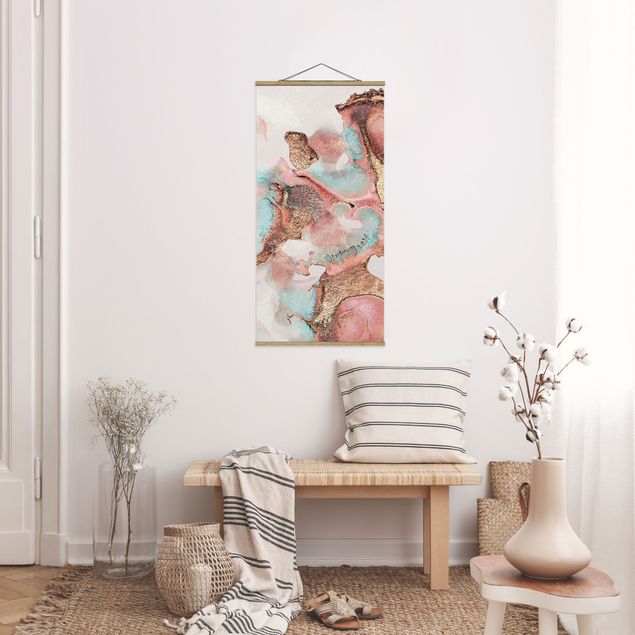 Stoffen schilderij met posterlijst Golden Watercolour Rosé