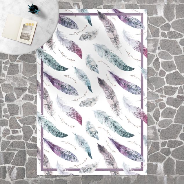 tapijt modern Boho Watercolour Feathers In Aubergine And Petrol Colour With Frame