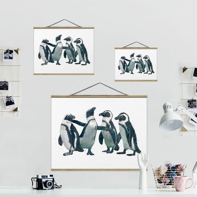 Stoffen schilderij met posterlijst Illustration Penguins Black And White Watercolour