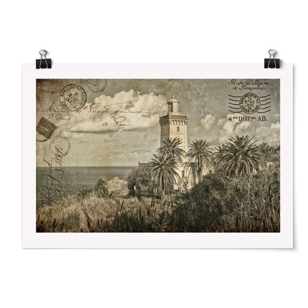 Posters Vintage Postcard With Lighthouse And Palm Trees