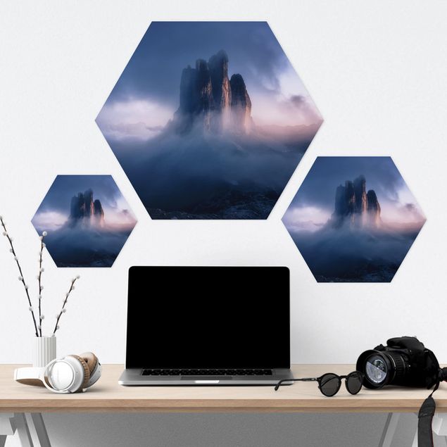 Hexagons Aluminium Dibond schilderijen Three Peaks In Blue Light