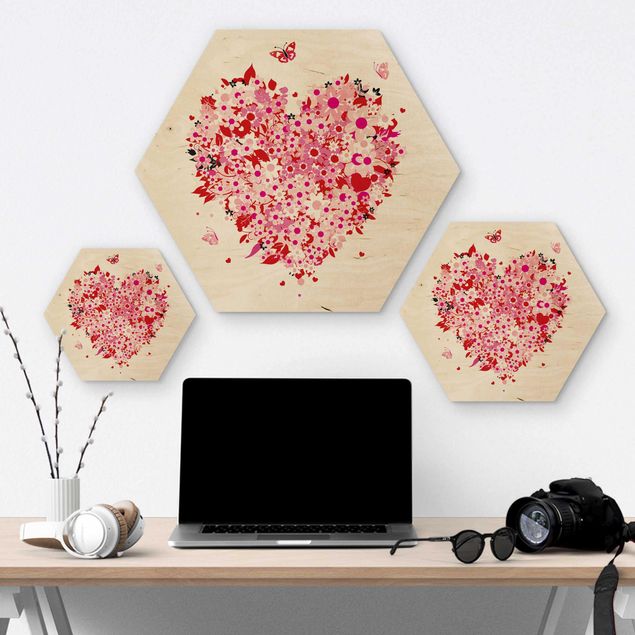 Hexagons houten schilderijen Floral Retro Heart