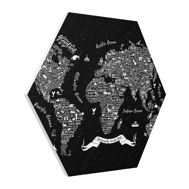 Hexagons Forex schilderijen Typography World Map Black