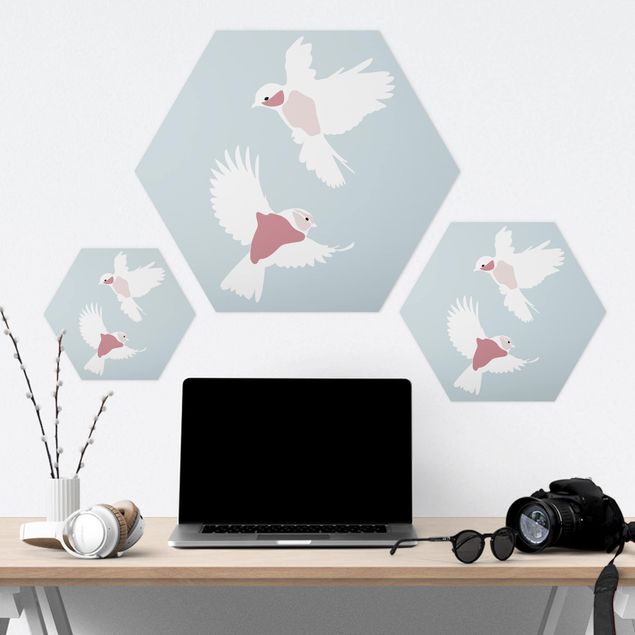 Hexagons Forex schilderijen Line Art Pigeons Pastel