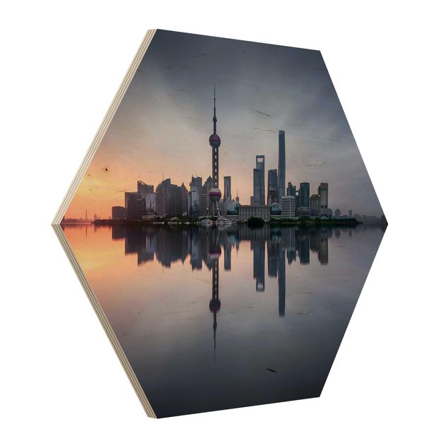Hexagons houten schilderijen Shanghai Skyline Morning Mood