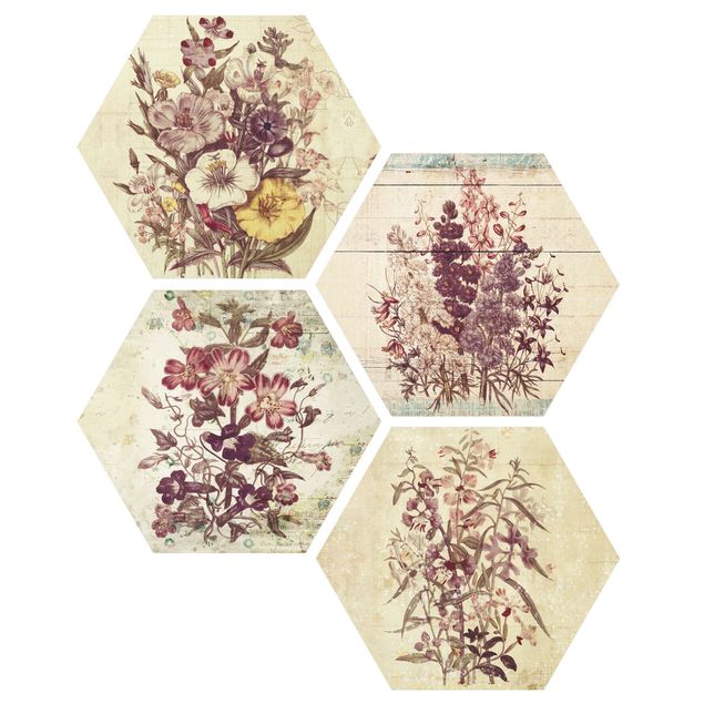 Hexagons Aluminium Dibond schilderijen - 4-delig Vintage Floral Collection