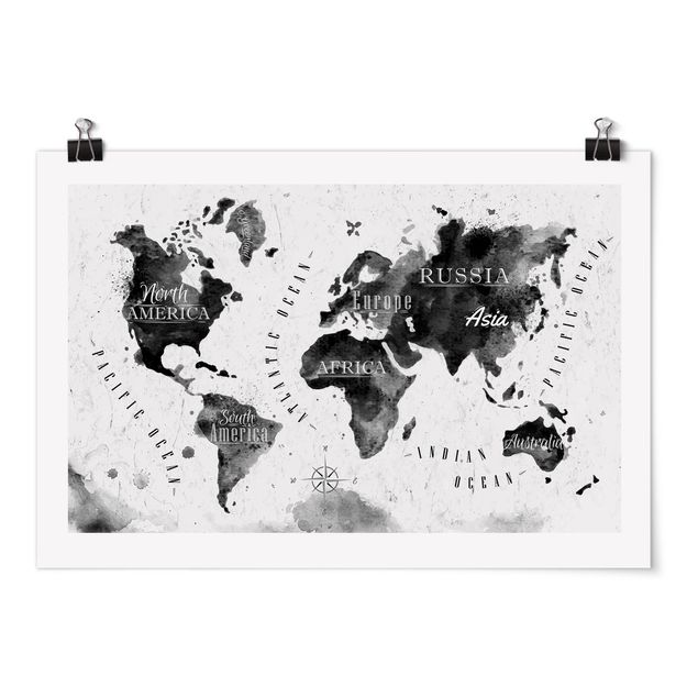 Posters World Map Watercolour Black