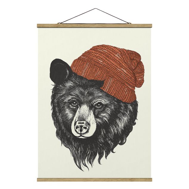 Stoffen schilderij met posterlijst Illustration Bear With Red Cap Drawing