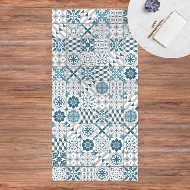 Loper tapijt Geometrical Tile Mix Blue Grey