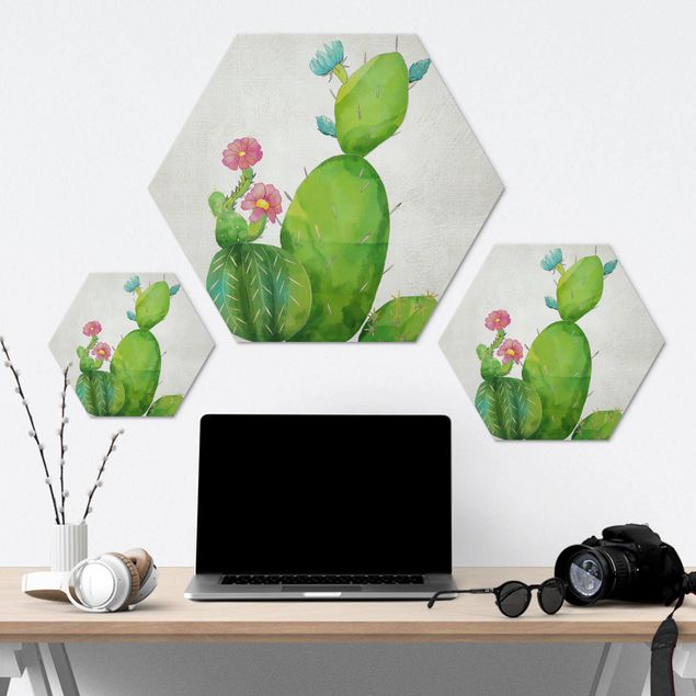 Hexagons Aluminium Dibond schilderijen Cactus Family In Pink And Turquoise