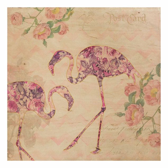 Houten schilderijen Vintage Collage - Pink Flowers Flamingos
