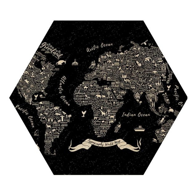 Hexagons houten schilderijen Typography World Map Black