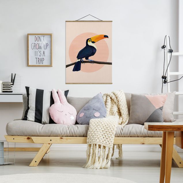 Stoffen schilderij met posterlijst Illustration Bird Toucan Painting Pastel