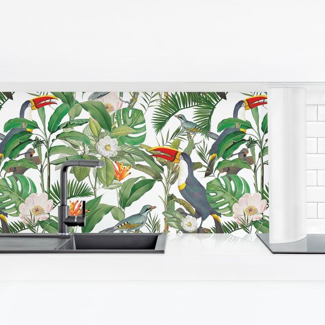 Achterwand voor keuken patroon Tropical Toucan With Monstera And Palm Leaves