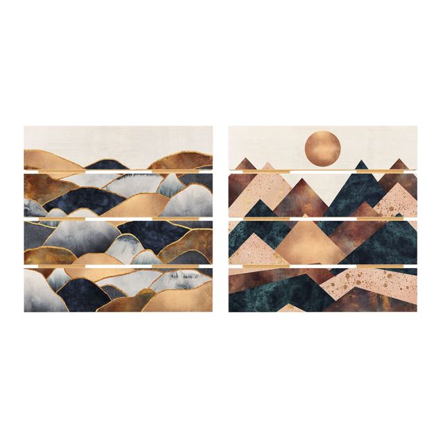 Houten schilderijen op plank - 2-delig Geometric & Golden Mountains Watercolour