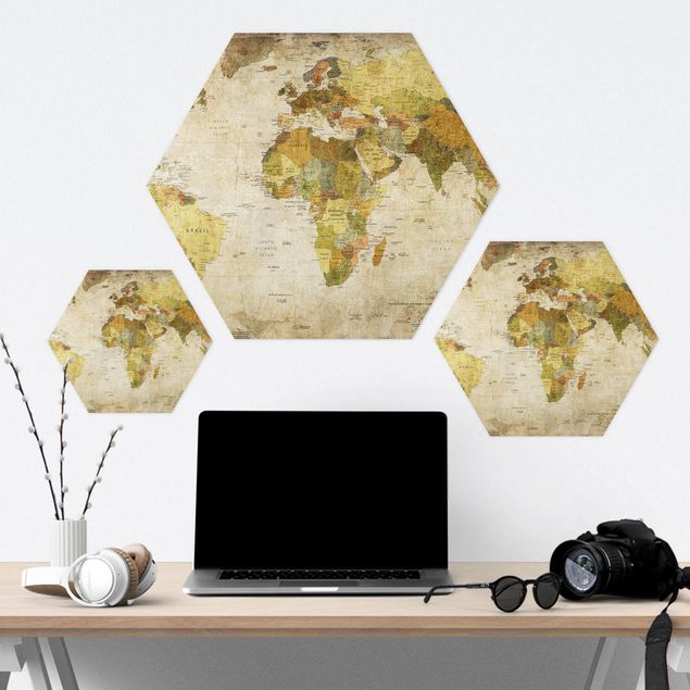 Hexagons Aluminium Dibond schilderijen World map