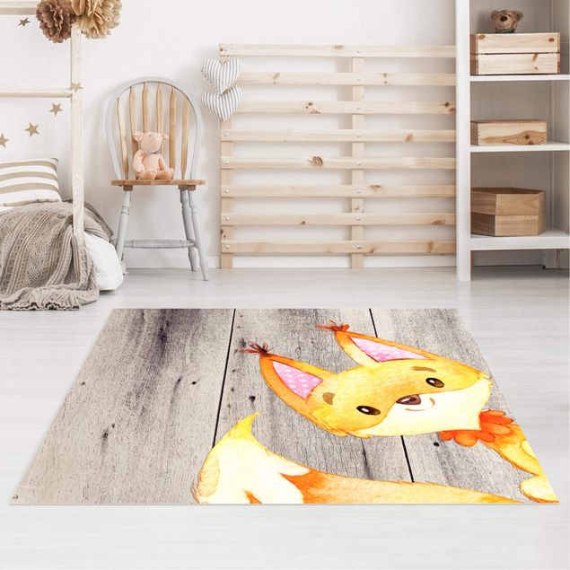 Vloerkleed oranje Watercolour Fox On Wood