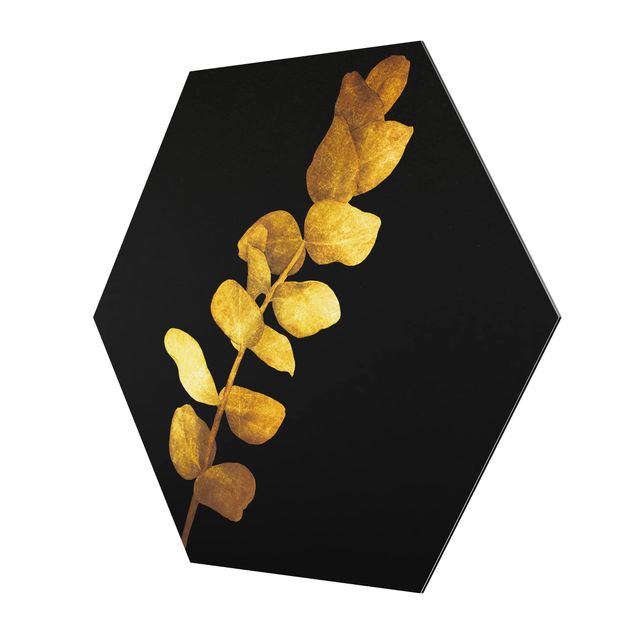 Hexagons Aluminium Dibond schilderijen Gold - Eucalyptus On Black