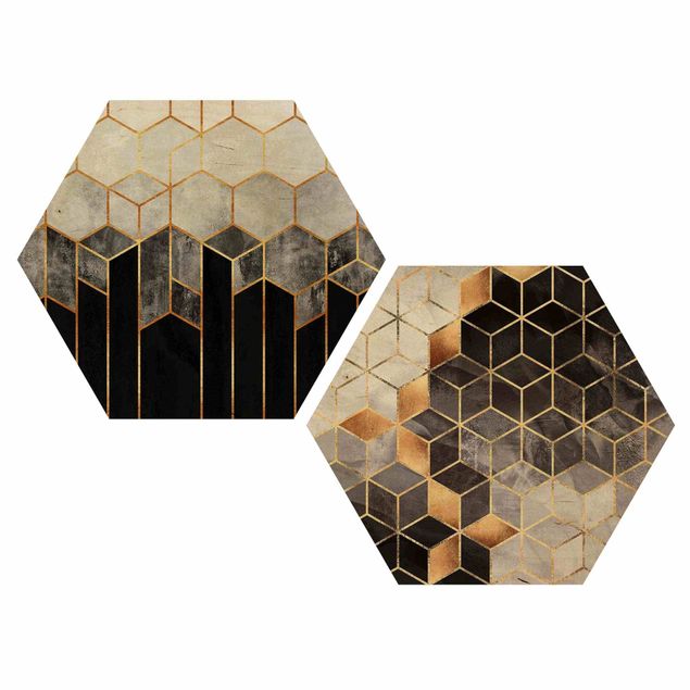 Hexagons houten schilderijen - 2-delig Golden Geometry Watercolour Set