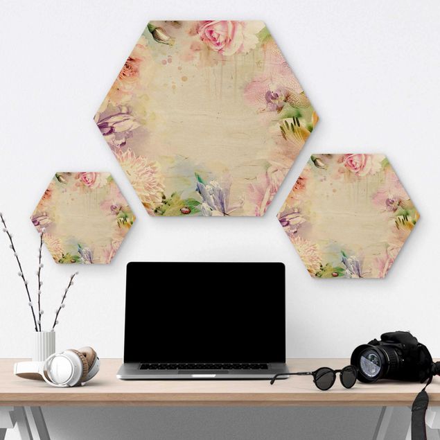 Hexagons houten schilderijen Watercolour Flower Mix Pastel