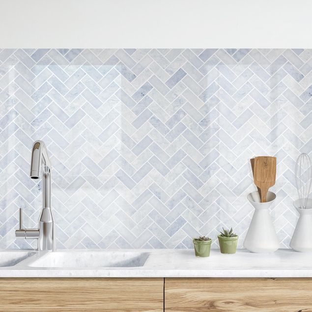 Achterwand voor keuken tegelmotief Marble Fish Bone Tiles - Ice Blue