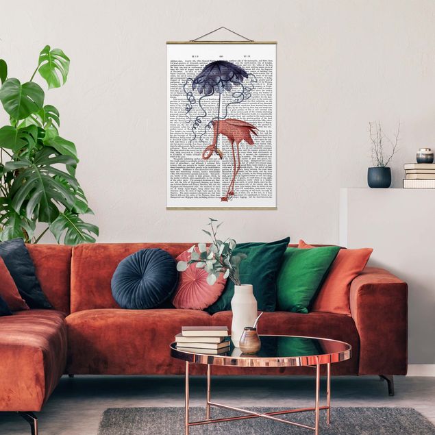 Stoffen schilderij met posterlijst Animal Reading - Flamingo With Umbrella