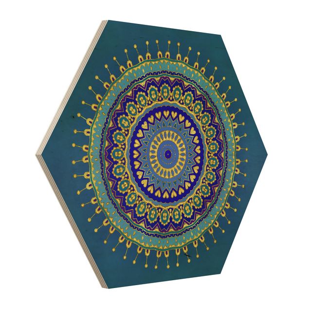 Hexagons houten schilderijen Mandala Blue Gold