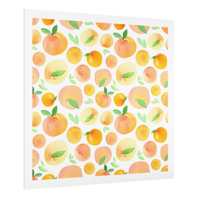 Spatscherm keuken Watercolour Oranges With Leaves In White Frame