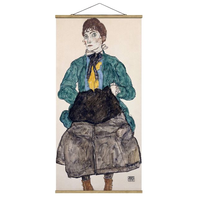 Stoffen schilderij met posterlijst Egon Schiele - Woman In Green Blouse With Muff