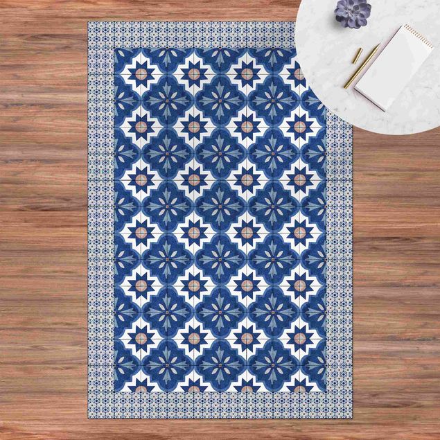 Vloerkleden tegellook Moroccan Tiles Watercolour Blue With Tile Frame