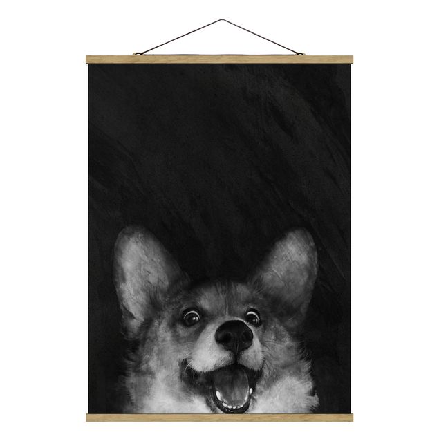 Stoffen schilderij met posterlijst Illustration Dog Corgi Paintig Black And White
