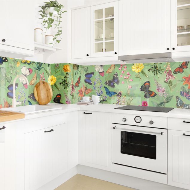 Achterwand voor keuken Butterflies With Flowers On Green