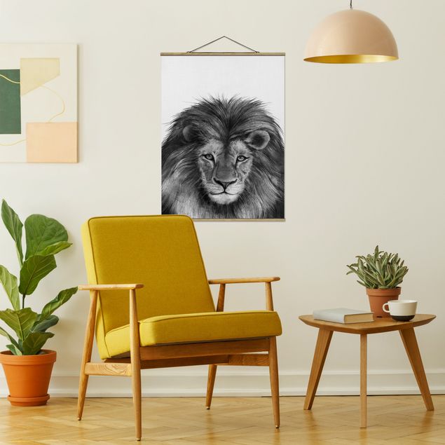 Stoffen schilderij met posterlijst Illustration Lion Monochrome Painting