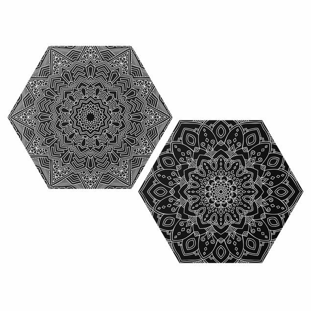 Hexagons Aluminium Dibond schilderijen - 2-delig Mandala Flower Star Pattern Black