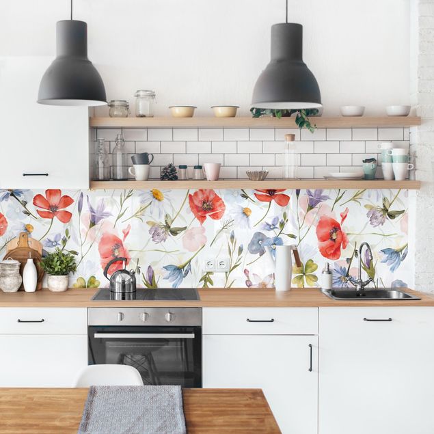 Achterwand voor keuken patroon Watercolour Poppy With Cloverleaf