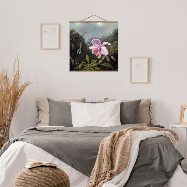 Stoffen schilderij met posterlijst Martin Johnson Heade - Still Life With An Orchid And A Pair Of Hummingbirds