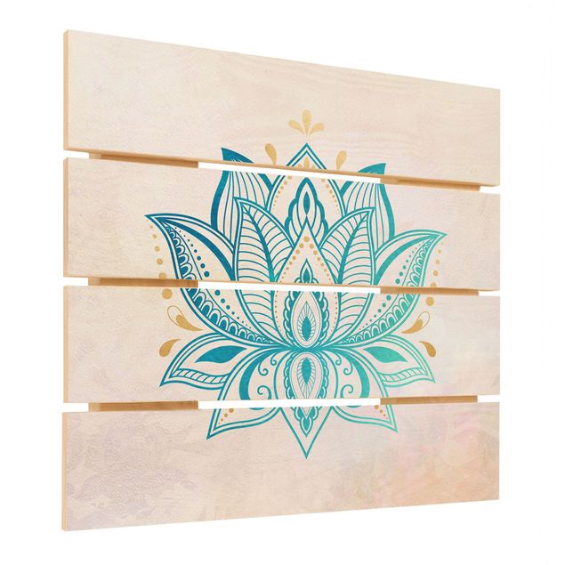 Houten schilderijen op plank Lotus Illustration Mandala Gold Blue