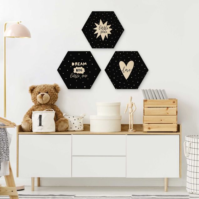 Hexagons houten schilderijen - 3-delig Little Star Set Black