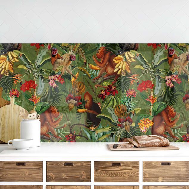 Achterwand voor keuken bloemen Tropical Flowers With Monkeys
