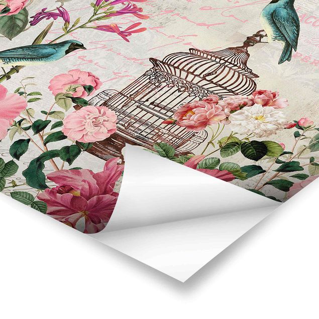 Posters Shabby Chic Collage - Pink Flowers And Blue Birds