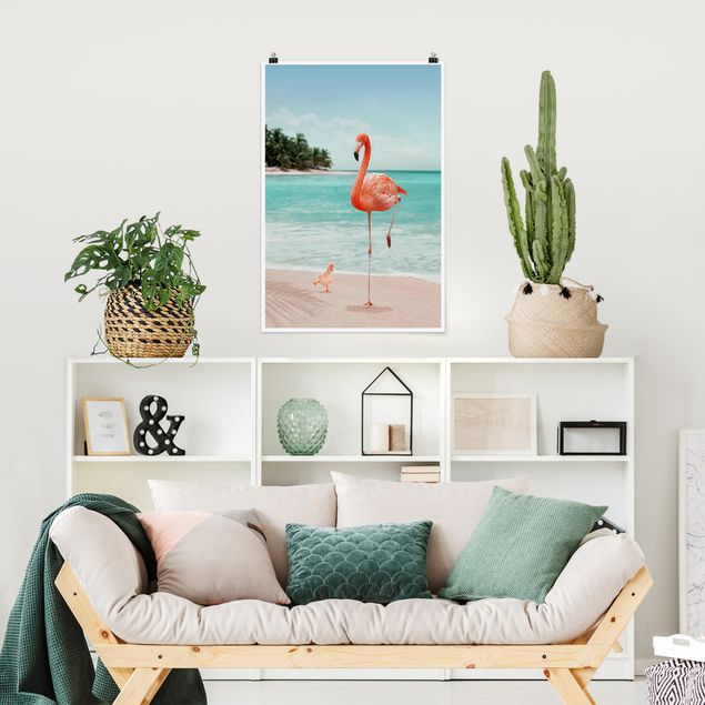 Posters Beach With Flamingo