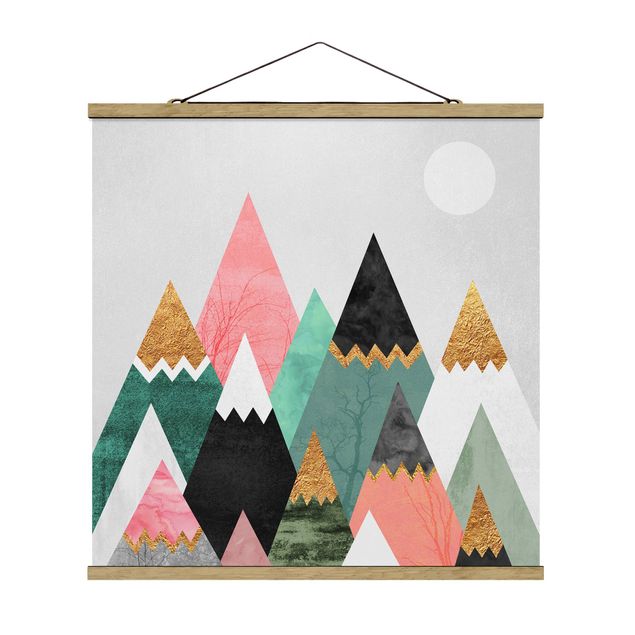 Stoffen schilderij met posterlijst Triangular Mountains With Gold Tips